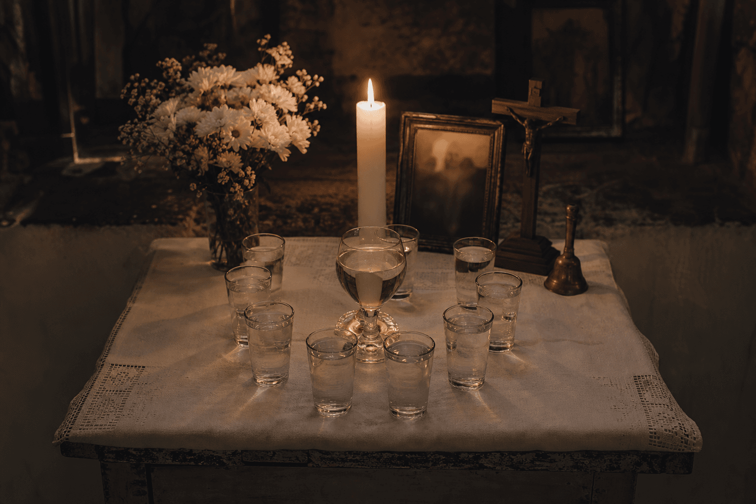 Bóveda espiritual con nueve vasos de agua y velas